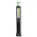 Vue en gros plan de la lampe de travail LED portable avec sa bande COB lumineuse et son crochet. - 27x4.6x5.2cm / Vert