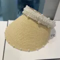 Visière de soleil en paille perlée pour femmes été chapeau de plage anti-UV large bord mode - Réglable / Beige