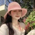 Korean style pink woven bucket hat for women, large brim sweet sun protection straw hat. - M (56-58cm) Wheat Ear Stripe Straw Hat / Pink