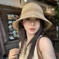 Woven straw fisherman hat for women, wide brim summer sun protection beach vacation bucket hat. - M (56-58cm) Wheat Ear Stripe Straw Hat / Khaki