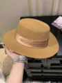 Chapeau de paille femme ete protection solaire chapeau plat tisse avec ruban chapeau de soleil - Kaki