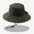 Dark green outdoor sun bucket hat with wide brim, breathable eyelets and chin strap for men. - One Size / Army Green