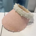 Chapeau de soleil vide en paille de perles roses pour femmes, protection UV plage été. - Réglable / Rose