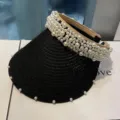 Damen Perle Stroh leerer Oberteil Sonnenhut Sommer Strand UV Schutz schwarze Kappe - Verstellbar / Schwarz