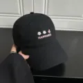 Black baseball cap with cute flower embroidery and pink happiness letters for summer sun shading. - Black