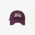 Cute embroidered bear baseball cap, purple cotton sun hat for women and students daily wear. - Adjustable / Burgundy