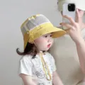 Baby mesh sun hat in yellow, breathable outdoor fisherman cap with neck flap and chin strap. - Yellow