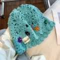 Chapeau de pêcheur crocheté fleurs bleu clair fait main style vintage japonais élégant - Taille unique / Bleu
