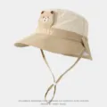Baby sun protection bucket hat with cute cartoon bear patch, breathable mesh, outdoor sun hat. - Khaki Bear