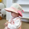 Cute baby sun protection bucket hat with chin strap, breathable pink sun hat for kids. - Pink
