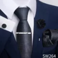 Conjunto de corbata formal azul oscuro para hombre con pañuelo y gemelos elegantes - Azul Oscuro Cuadros Rayas (SW264)