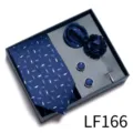 Set de corbata azul para hombre pañuelo gemelos boutonniere traje de boda accesorios - LF166 (Patrón de Hoja Azul Profundo)