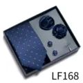 Elegante Set De Regalo De Corbata Azul Marino Con Topos Para Hombre Con Pañuelo Y Gemelos - LF168 (Azul Profundo Puntos Amarillos)