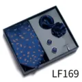 Conjunto de corbata para hombre caja de regalo con pañuelo gemelos para boda. - LF169 (Azul Profundo Pluma Marrón Dorado)