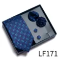 Conjunto de regalo corbata hombre azul con pañuelo gemelos solapa para traje de boda - LF171 (Azul Profundo Patrón Geométrico)