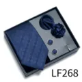 Men's navy blue jacquard tie gift box set including pocket square cufflinks and lapel flower. - Navy Jacquard (LF268)
