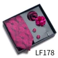 Set de regalo corbata pañuelo gemelos prendedor morado para boda de negocios hombre - LF178 (Estampado de Hoja Rojo Púrpura)