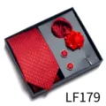 Conjunto De Corbata Roja De Seda Para Hombre Pañuelo Gemelos Para Traje De Boda - LF179 (Rojo con Textura Negra)