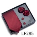 Men's Burgundy Jacquard Tie Pocket Square Cufflinks Boutonniere Gift Box Set Business - Wine Red Jacquard (LF285)