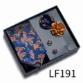 Set de corbata pañuelo gemelos y flor de solapa con estampado paisley azul y dorado - LF191 (Azul Oro Marrón Barroco)