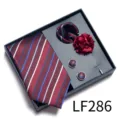 Mens classic stripe jacquard tie gift box set with pocket square and cufflinks pin - Red Blue Twill (LF286)