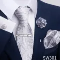 Ανδρικό γκρι paisley σετ γραβάτας με μαντήλι τσέπης μανικετόκουμπια μπλε κοστούμι - Στυλ Γκρι Paisley (SW301)
