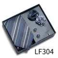 Men's blue striped jacquard tie gift set with pocket square, cufflinks, and brooch. - Gray Blue Striped (LF304)
