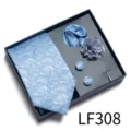 Men blue jacquard tie gift box set pocket square cufflinks lapel flower business accessory - Blue Botanical (LF308)