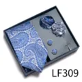 Blue paisley mens tie set with pocket square cufflinks lapel flower business gift box SKU LF309 - Blue Silver Paisley (LF309)