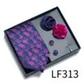 Men jacquard tie gift box set with pocket square cufflinks lapel flower for business. - Blue Purple Floral (LF313)