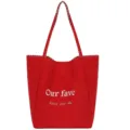 Korean style red canvas tote bag with long straps, lightweight large capacity casual shoulder bag. - Red