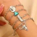 Set de pulsera de cadena multicapa bohemia occidental con turquesa y bonitos dijes. - Estilo Plata Antigua (1555) / Plateado