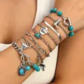 Boho multi-layer turquoise bracelet set western style silver chain fashion jewelry - Bracelet Set Style (1555+5163)