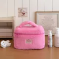 Pink plush cosmetic bag detail, soft fluffy travel makeup storage pouch with handle. - Rose Red