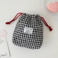 Sac de maquillage matelassé à cordon style coréen vichy noir et blanc joli sac de rangement. - Noir