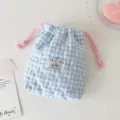 Sac cosmétique à carreaux coréen mignon sac à cordon matelassé pochette de rangement pratique - Bleu