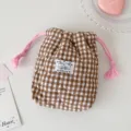 Korean style plaid cosmetic bag, cute cartoon patch fabric drawstring storage pouch for girls. - Brown