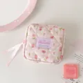 Trousse de maquillage matelassée style coréen avec tulipes et ruban, pochette carrée. - Rose