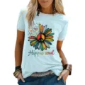 Maglietta Donna Manica Corta Bordo a Contrasto Stampa Grafica Hippie Casual Top - Taglia S / Top / Azzurro