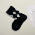Calcetines de media pantorrilla de lana a cuadros estilo británico otoño invierno negro - Talla única / Negro
