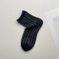 Japanese retro cooling yarn mesh short socks, breathable black striped crew socks for women. - One Size / Black