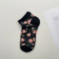 Calcetines cortos de mujer, calcetines de algodón gris oscuro con malla transpirable y patrón floral. - Talla única / Negro