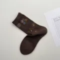 Calcetines de lana de otoño invierno con bordado floral vintage para mujeres cómodas - Talla única / Marrón