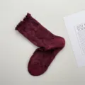 Burgundy vintage ruffly cuff embossed floral mid-tube socks cotton warm autumn winter - One Size / Retro Copper