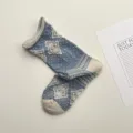 Calcetines de tubo medio de punto vintage mujer azul retro patron floral rombo algodon otono invierno - Talla única / Azul Niebla
