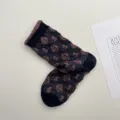 Autumn winter vintage cotton embossed floral mid-calf socks for women cute ruffled design. - One Size / Navy Blue