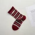 Red grey striped mid tube socks with retro cloth label, cozy cotton casual fashion wear. - One Size / Red