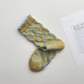 Women cotton embossed floral mid-calf socks retro cute ruffled color-block socks comfy - One Size / Yellow