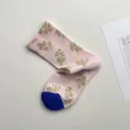 Vintage floral print women crew socks with contrast blue toe, cute cotton daily wear. - One Size / Light Pink