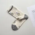 Calcetines florales de tubo medio mujer bonitos rayas verticales algodón cómodos - Talla única / Blanco